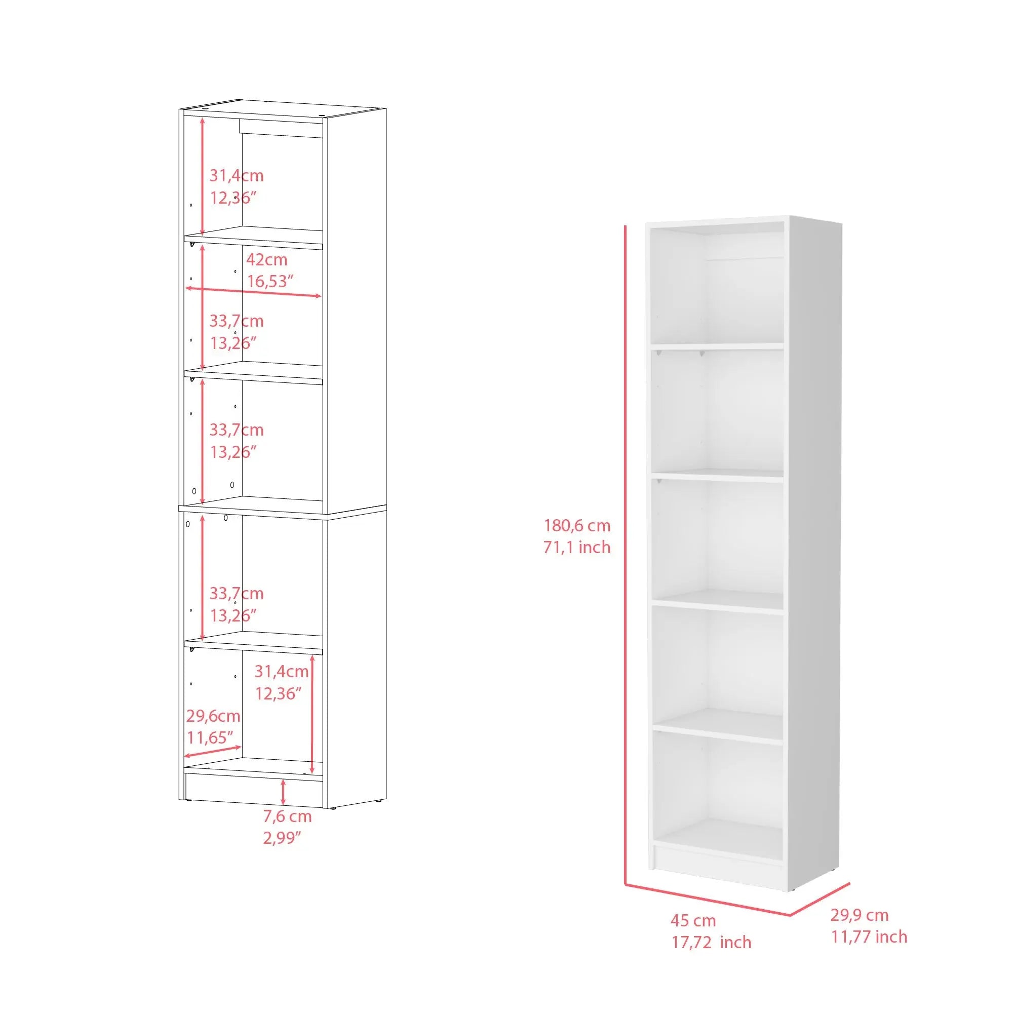 71" White Wood Five Tier Bookcase Homeroots Office