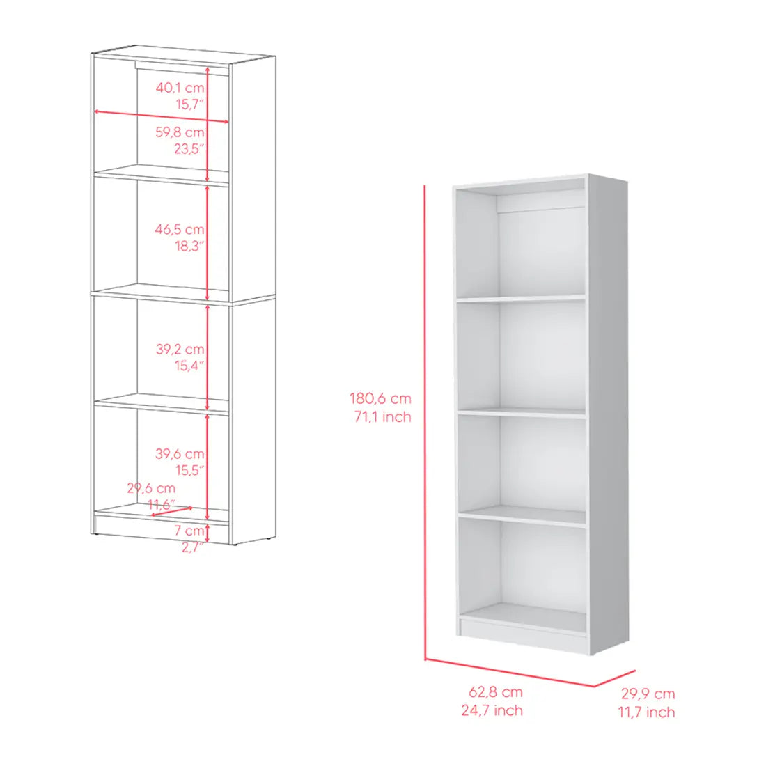 71" White Wood Four Tier Bookcase Homeroots Office