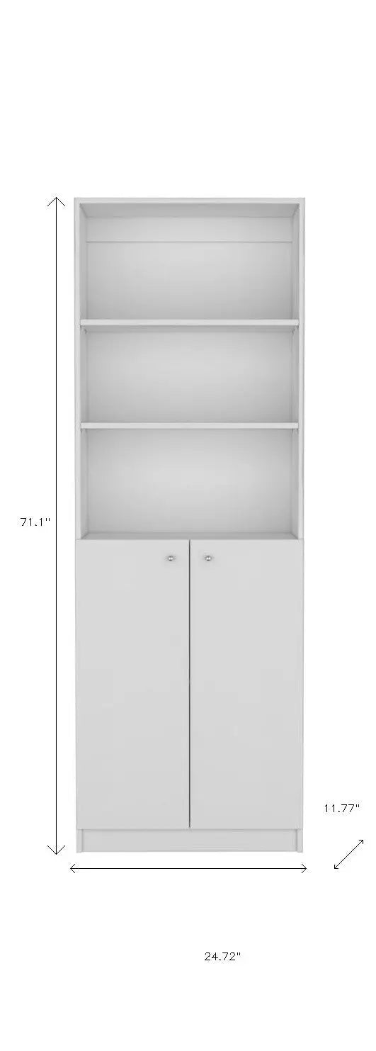 71" White Wood Three Tier Bookcase with Two Doors Homeroots Office