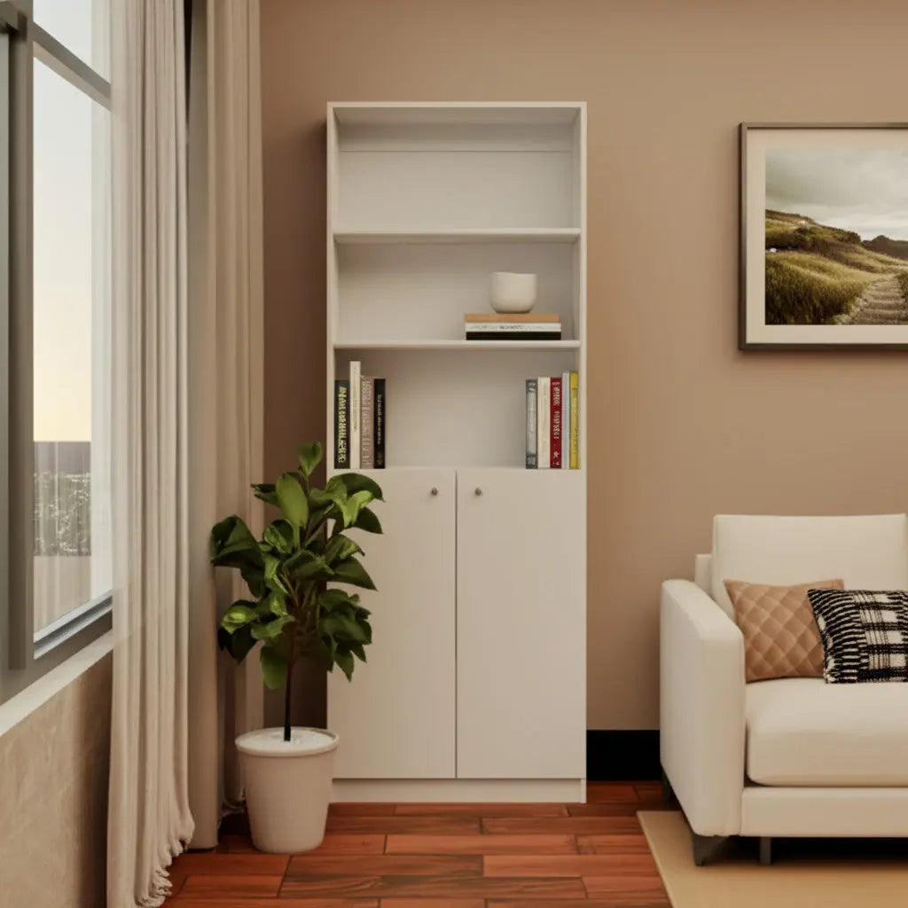 71" White Wood Three Tier Bookcase with Two Doors Homeroots Office