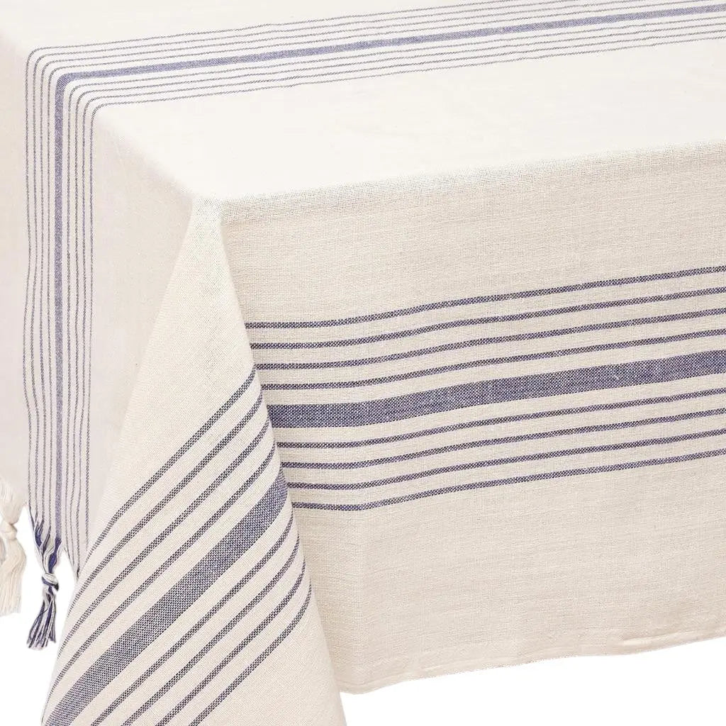 71" x 95" Cream And Blue Striped Cotton Tablecloth And Napkins Set - GreatEagleInc