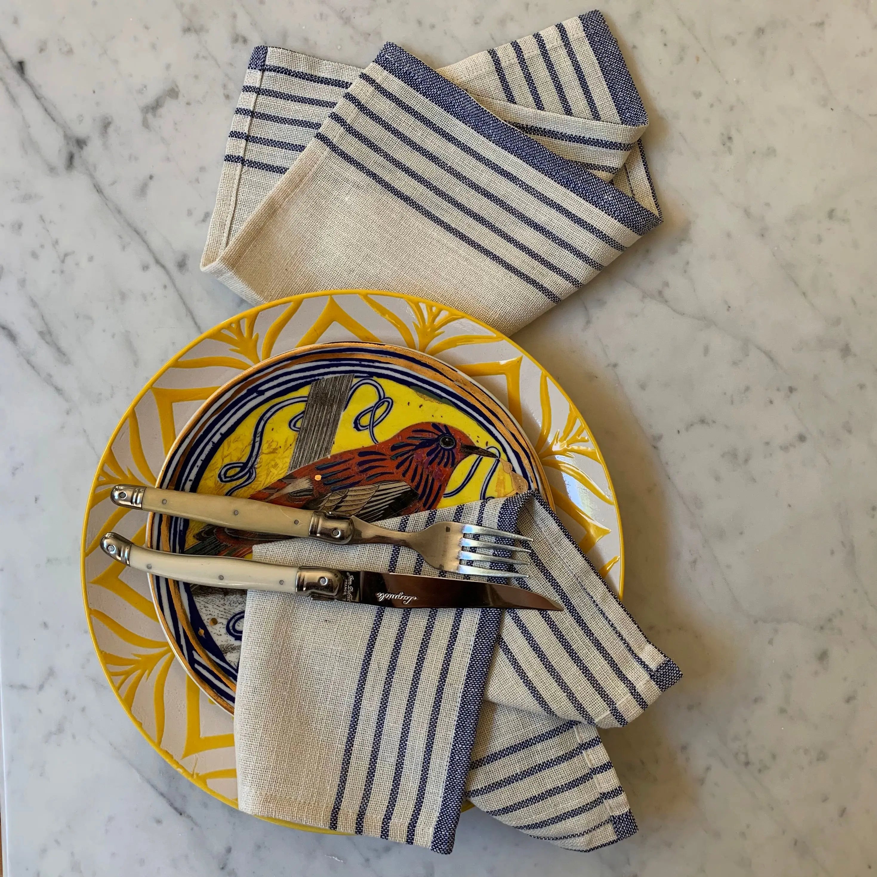 71" x 95" Cream And Blue Striped Cotton Tablecloth And Napkins Set - GreatEagleInc