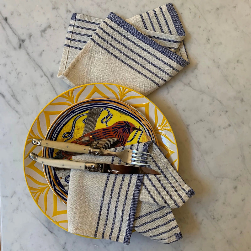 71" x 95" Cream And Blue Striped Cotton Tablecloth And Napkins Set - GreatEagleInc