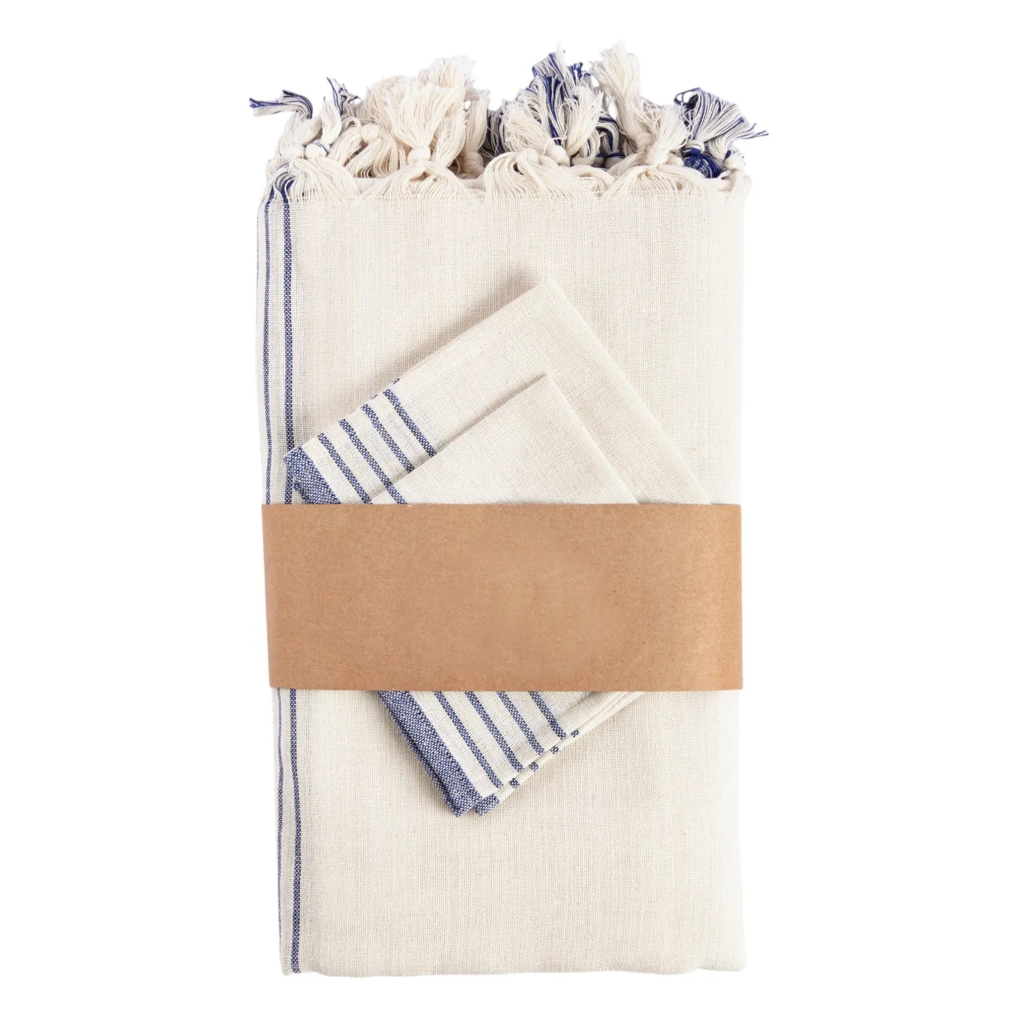 71" x 95" Cream And Blue Striped Cotton Tablecloth And Napkins Set - GreatEagleInc