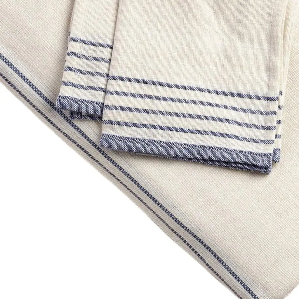 71" x 95" Cream And Blue Striped Cotton Tablecloth And Napkins Set - GreatEagleInc
