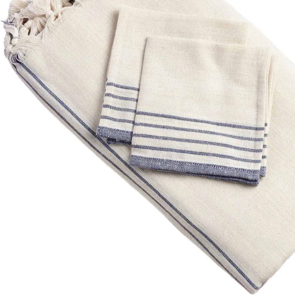 71" x 95" Cream And Blue Striped Cotton Tablecloth And Napkins Set - GreatEagleInc