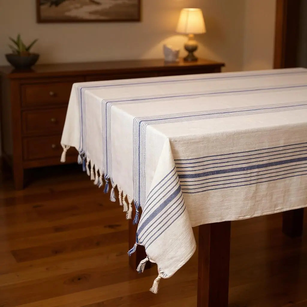 71" x 95" Cream And Blue Striped Cotton Tablecloth And Napkins Set - GreatEagleInc