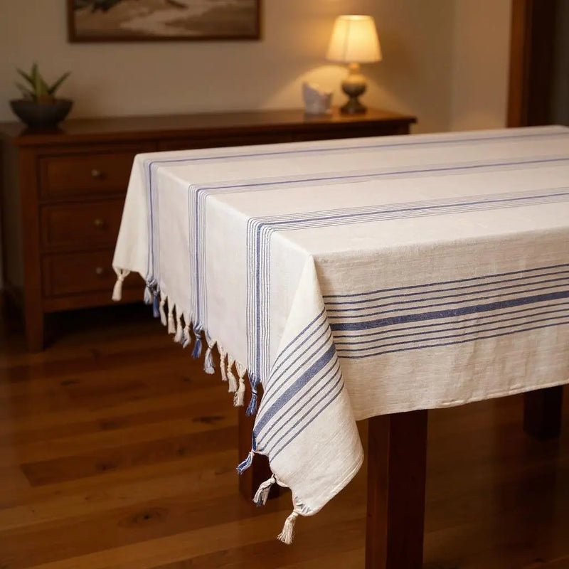 71" x 95" Cream And Blue Striped Cotton Tablecloth And Napkins Set - GreatEagleInc