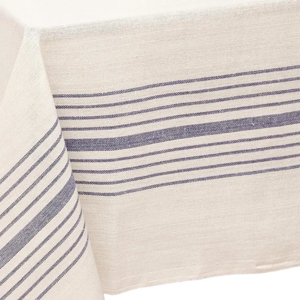 71" x 95" Cream And Blue Striped Cotton Tablecloth And Napkins Set - GreatEagleInc