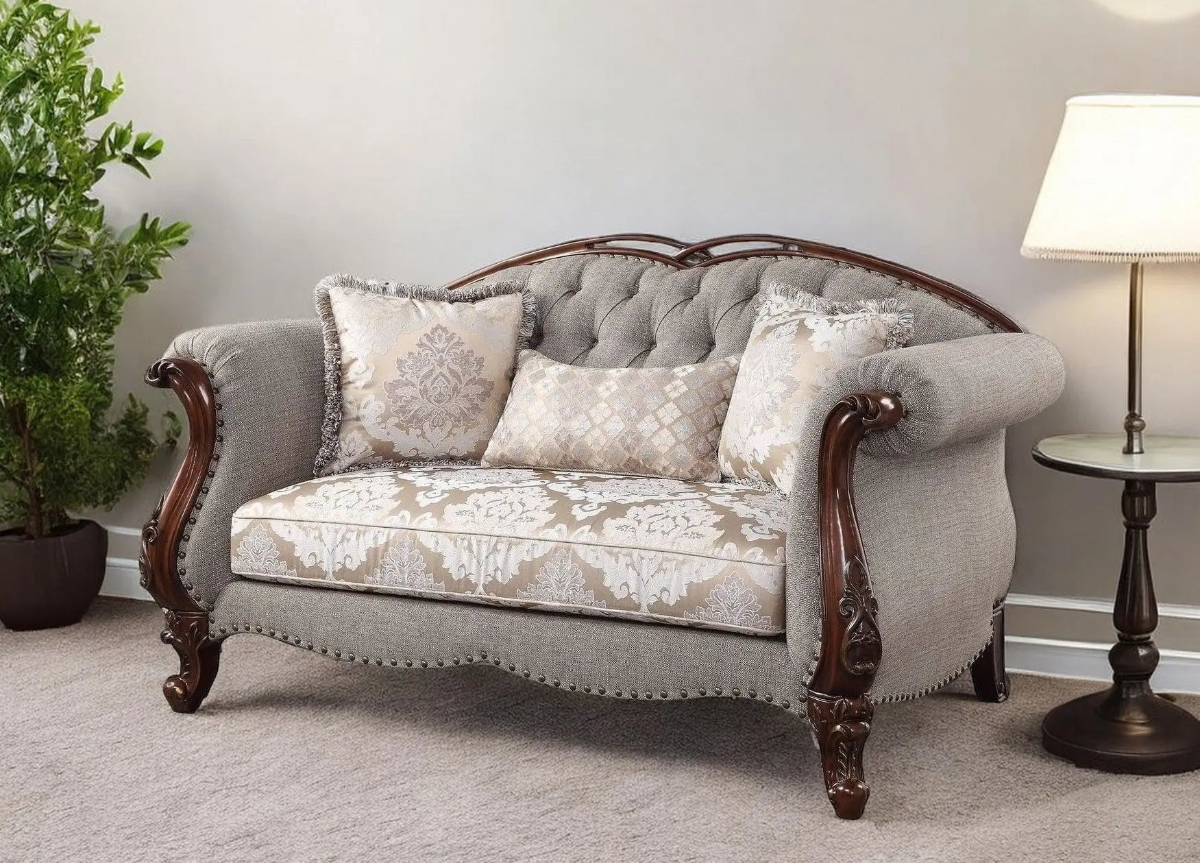 72" Beige And Dark Brown Linen Loveseat and Toss Pillows Homeroots Living Room