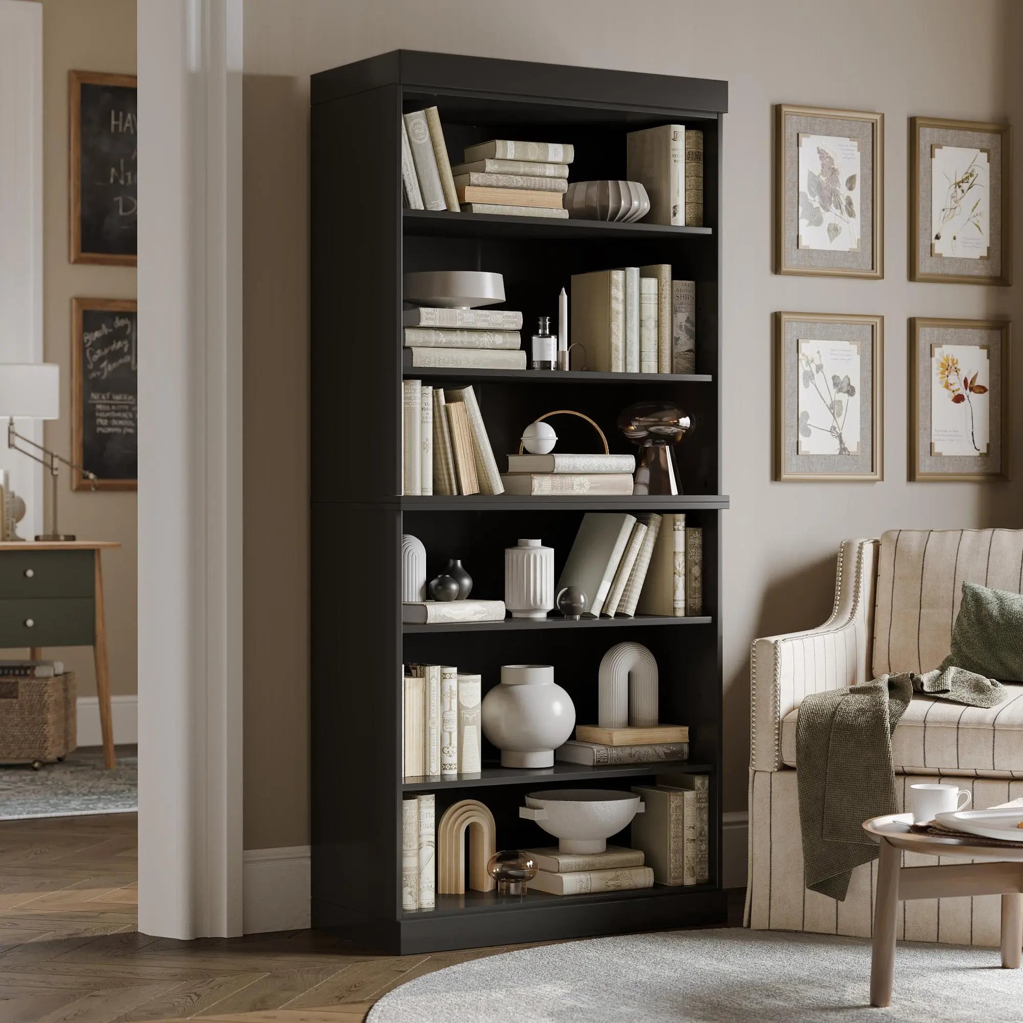 72" Black Solid Wood Adjustable Six Tier Library Bookcase Homeroots Office