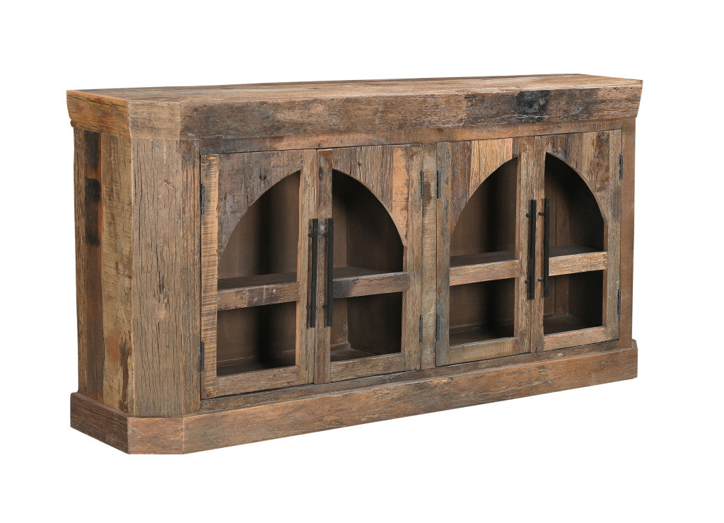 72" Brown Distressed Reclaimed Wood Sideboard With Four Glass Doors Homeroots Kitchen & Dining