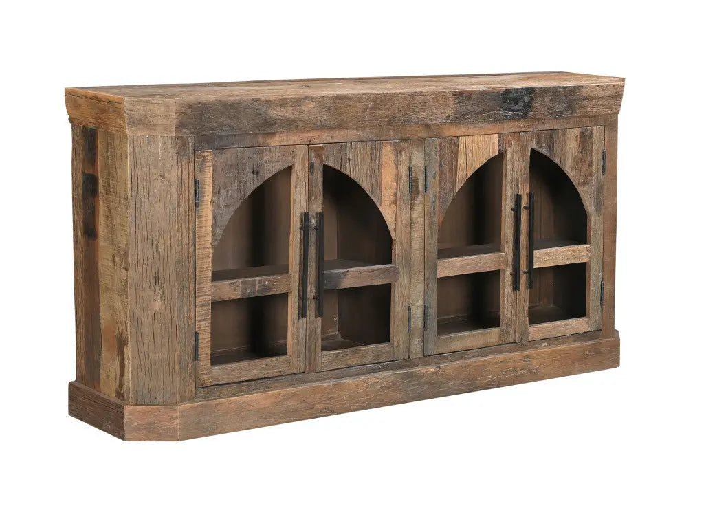 72" Brown Distressed Reclaimed Wood Sideboard With Four Glass Doors Homeroots Kitchen & Dining