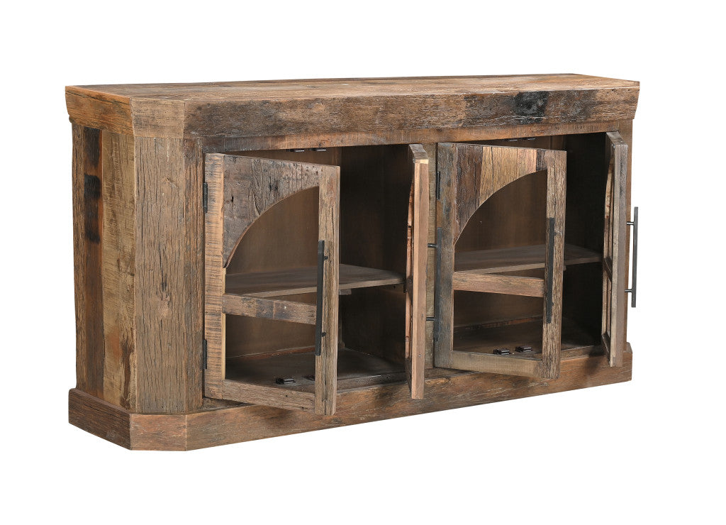72" Brown Distressed Reclaimed Wood Sideboard With Four Glass Doors Homeroots Kitchen & Dining