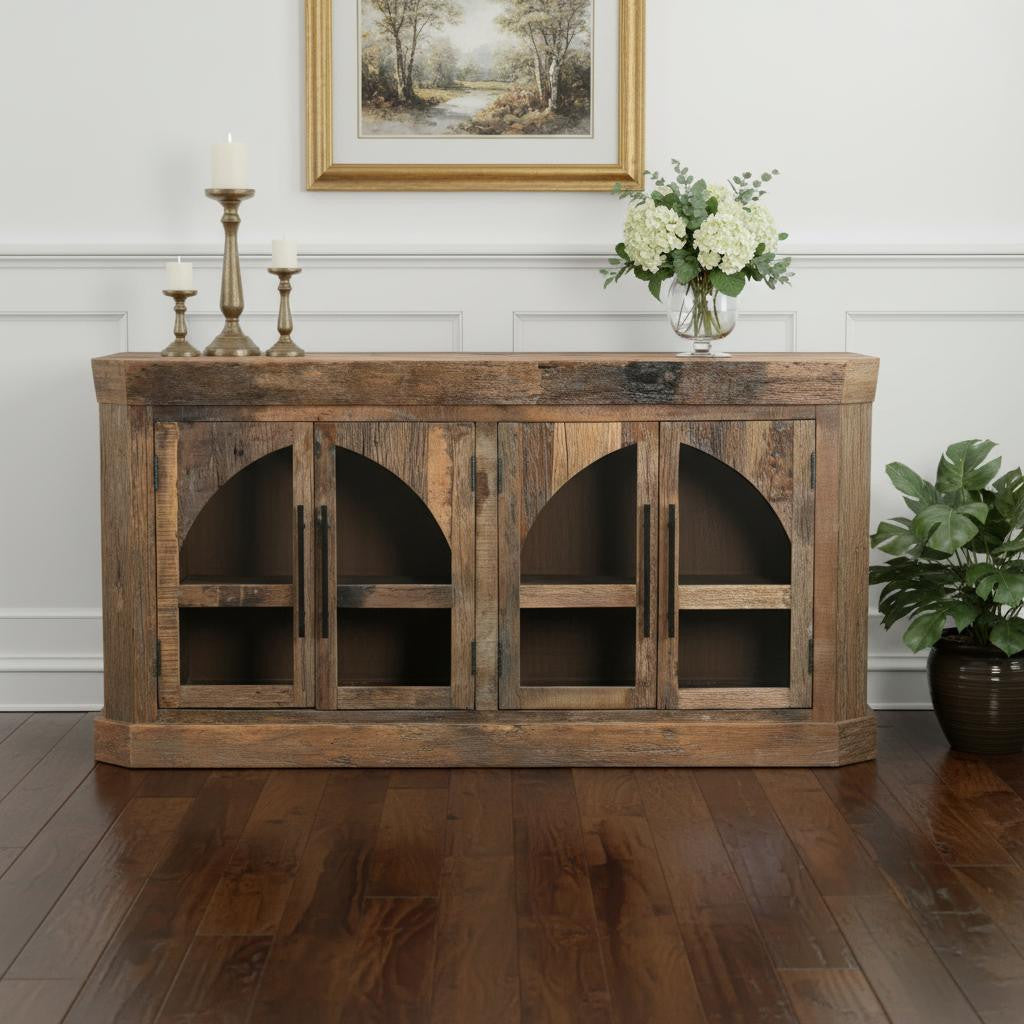 72" Brown Distressed Reclaimed Wood Sideboard With Four Glass Doors Homeroots Kitchen & Dining