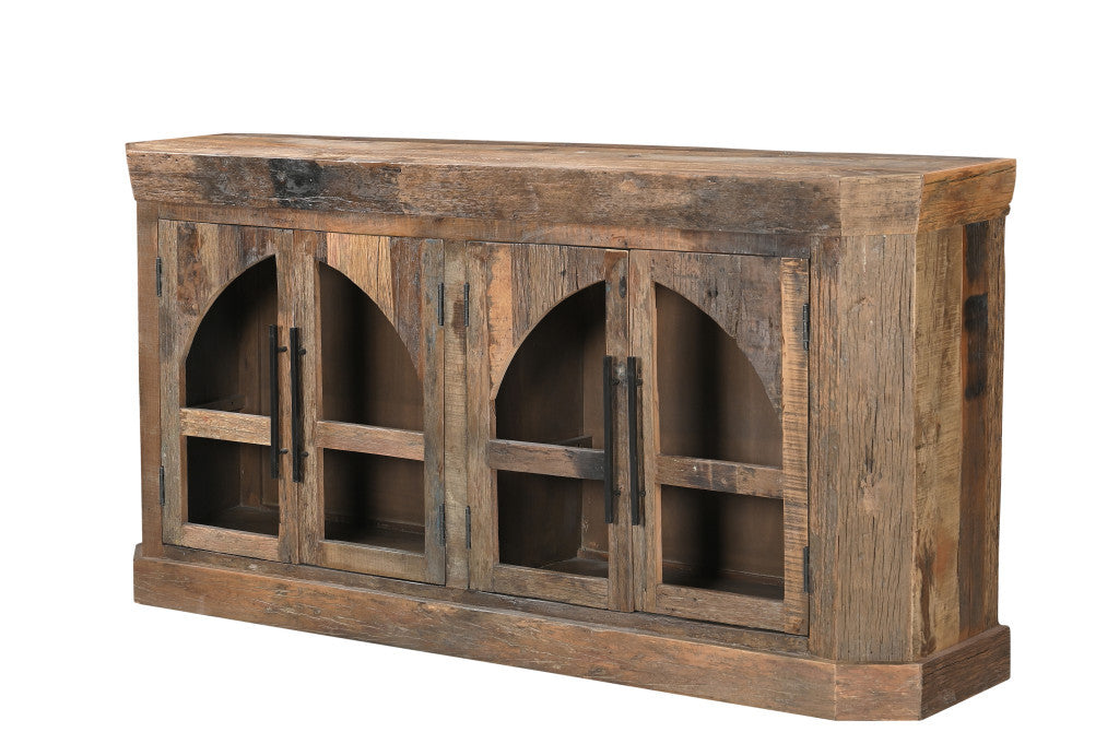 72" Brown Distressed Reclaimed Wood Sideboard With Four Glass Doors Homeroots Kitchen & Dining