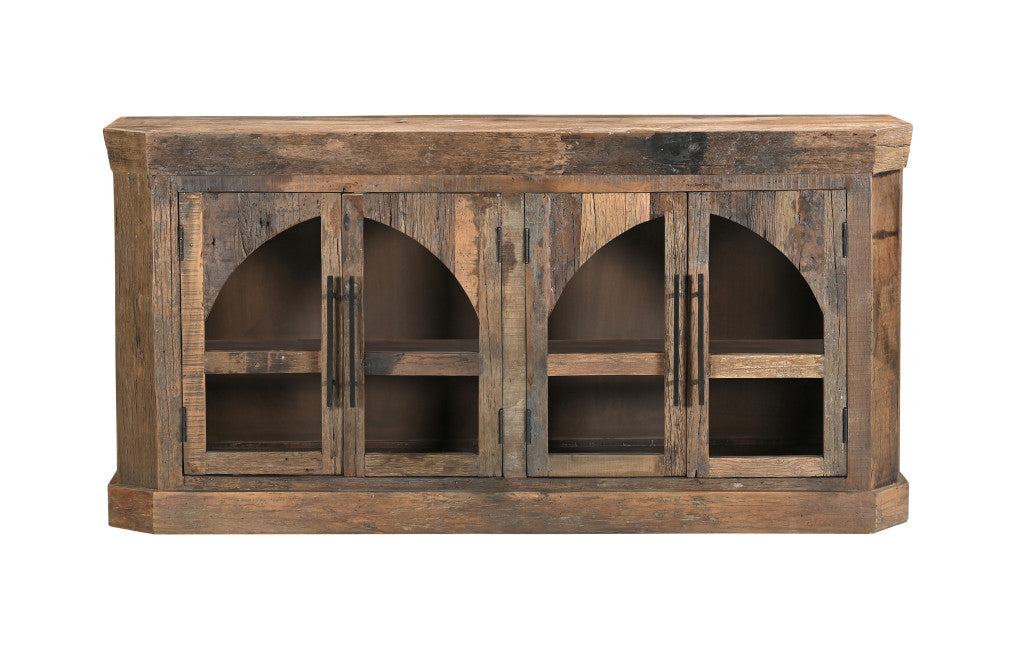 72" Brown Distressed Reclaimed Wood Sideboard With Four Glass Doors Homeroots Kitchen & Dining