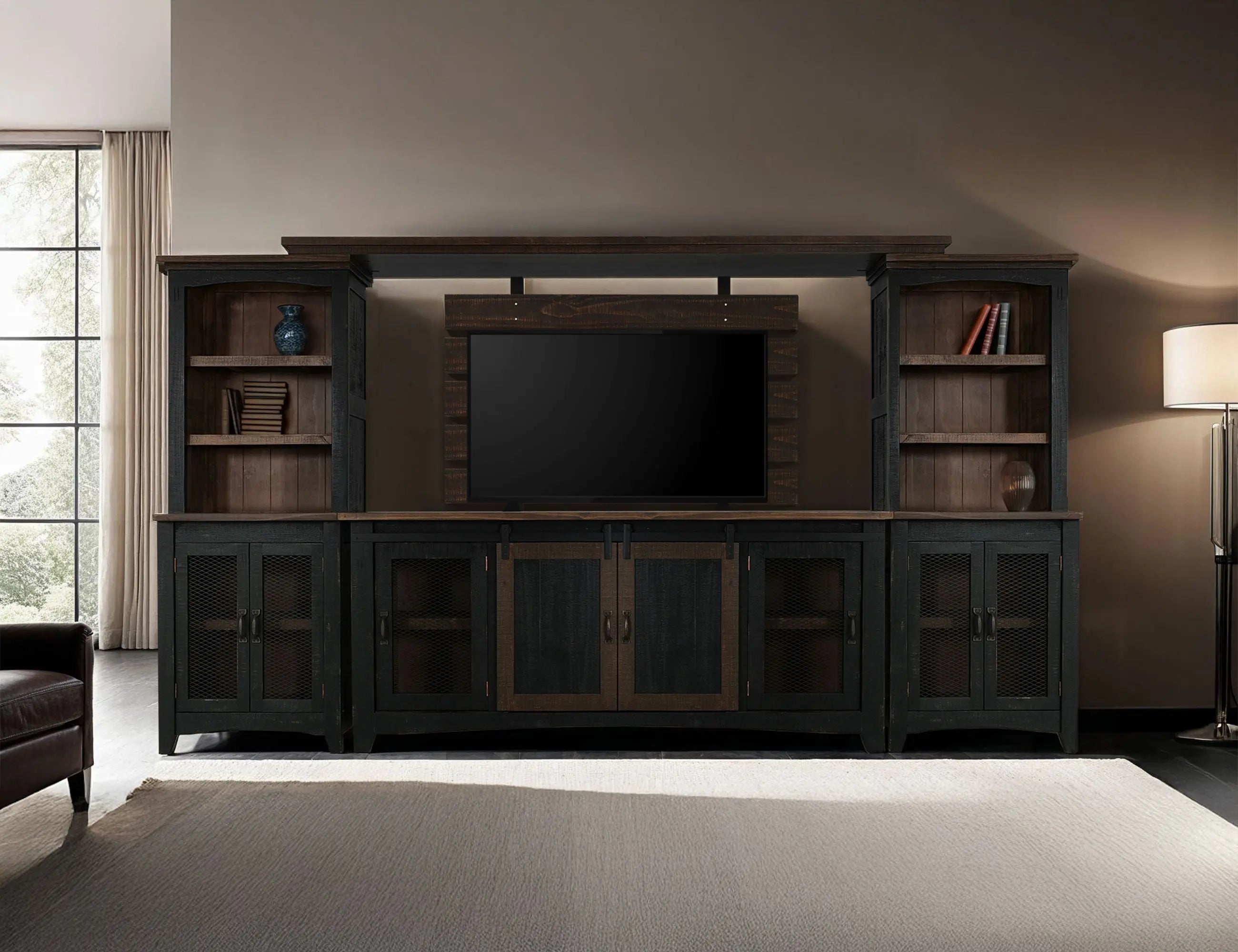 72" Brown and Black Distressed Wood Dining Hutch With Two Doors Homeroots Kitchen & Dining