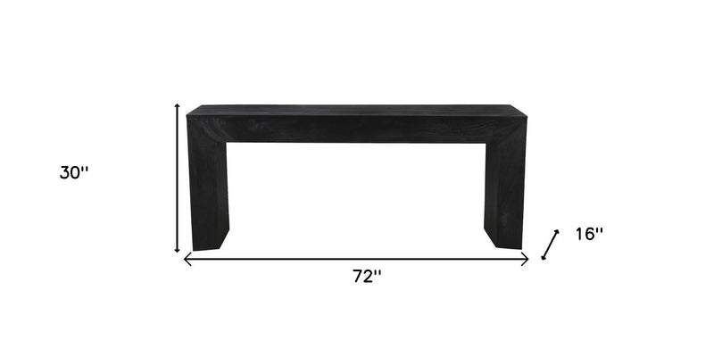 Black wooden console table, 72" long, 30" high, and 16" deep, featuring a modern minimalist design.