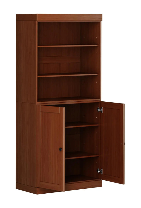 72" Coffee Solid Wood Adjustable Six Tier Library Bookcase with Two Doors Homeroots Office