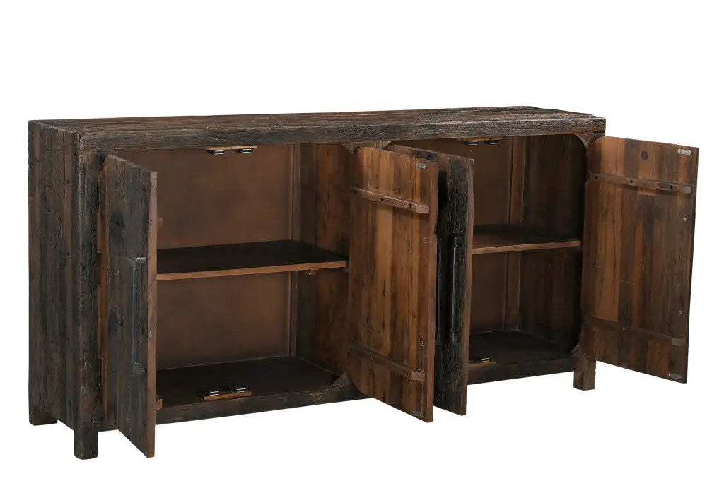 72" Dark Brown Distressed Reclaimed Wood Sideboard With Four Doors Homeroots Kitchen & Dining