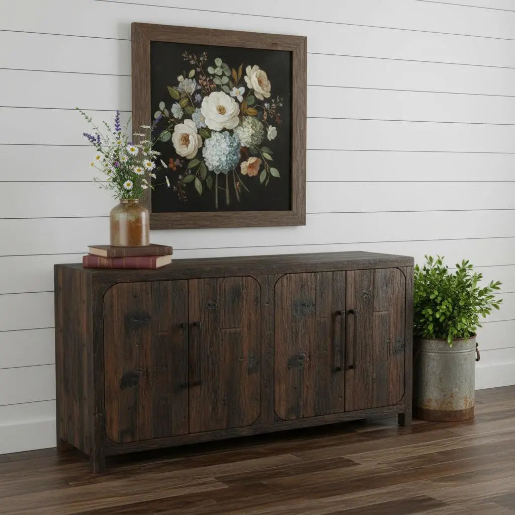 72" Dark Brown Distressed Reclaimed Wood Sideboard With Four Doors Homeroots Kitchen & Dining