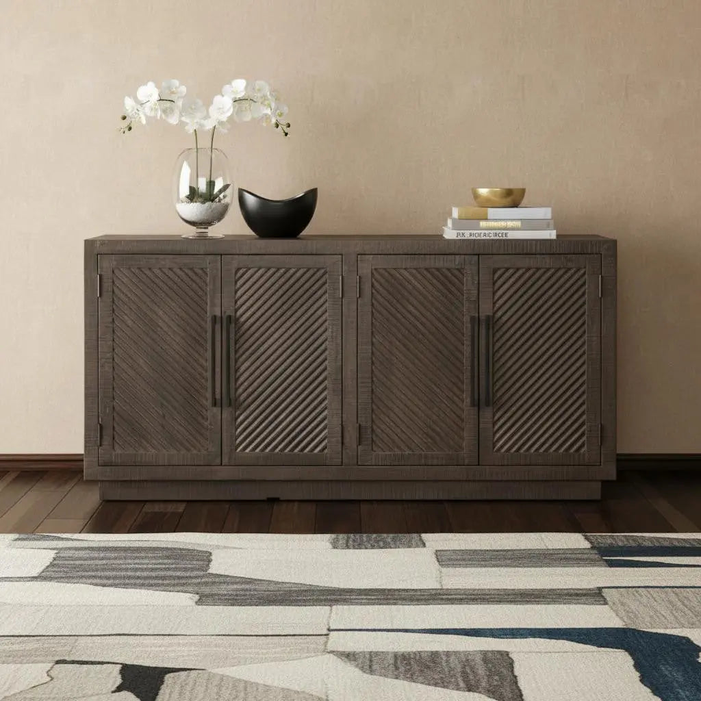 72" Dark Brown Distressed Solid Wood Carved Geometric Sideboard With Four Doors Homeroots Kitchen & Dining