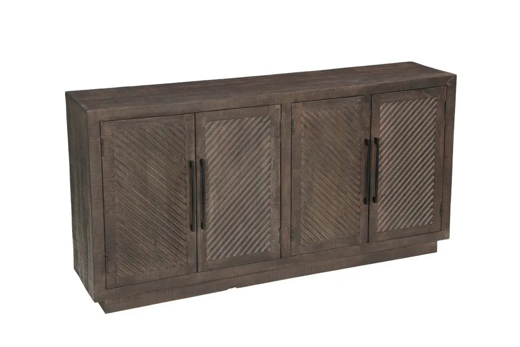 72" Dark Brown Distressed Solid Wood Carved Geometric Sideboard With Four Doors Homeroots Kitchen & Dining
