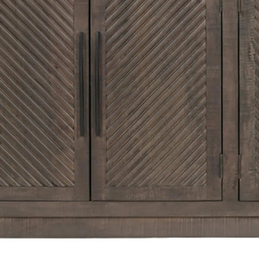 72" Dark Brown Distressed Solid Wood Carved Geometric Sideboard With Four Doors Homeroots Kitchen & Dining