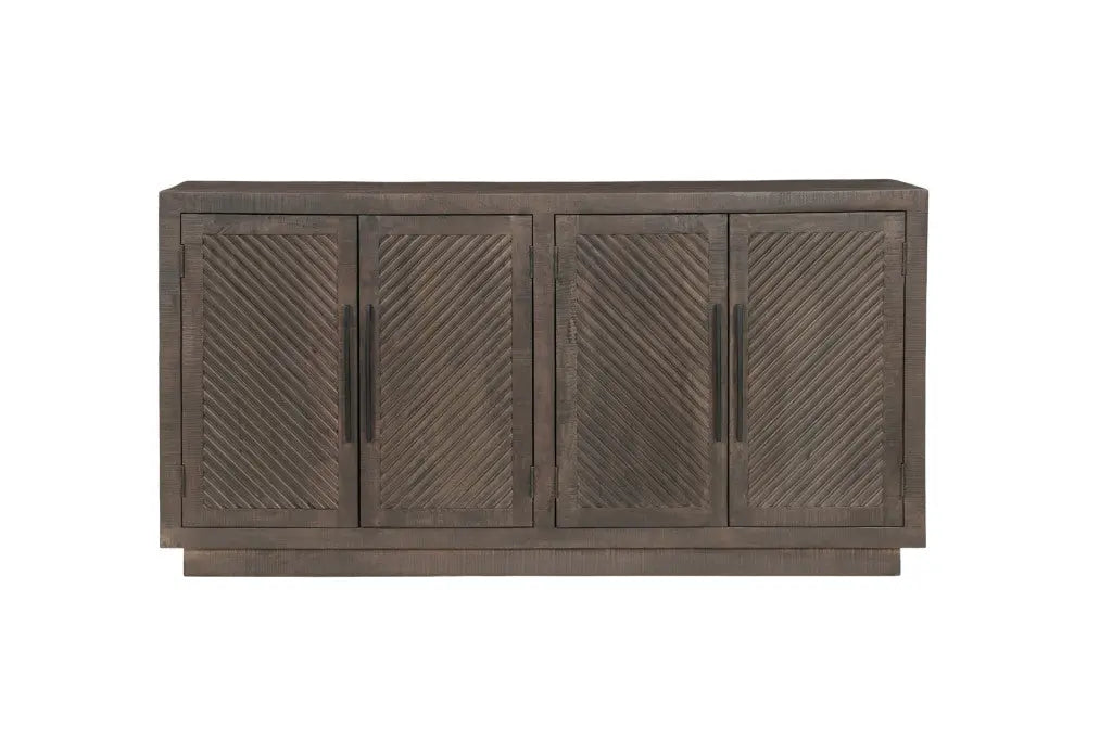 72" Dark Brown Distressed Solid Wood Carved Geometric Sideboard With Four Doors Homeroots Kitchen & Dining