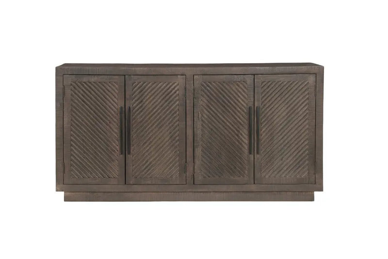 72" Dark Brown Distressed Solid Wood Carved Geometric Sideboard With Four Doors Homeroots Kitchen & Dining