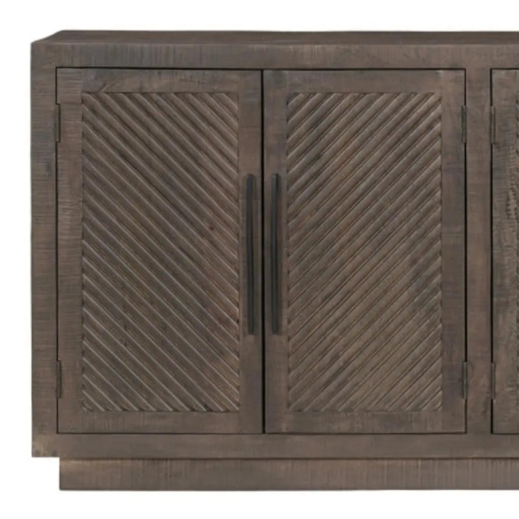 72" Dark Brown Distressed Solid Wood Carved Geometric Sideboard With Four Doors Homeroots Kitchen & Dining