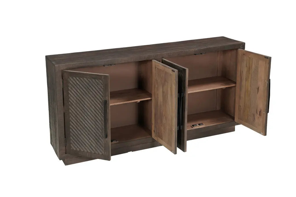 72" Dark Brown Distressed Solid Wood Carved Geometric Sideboard With Four Doors Homeroots Kitchen & Dining
