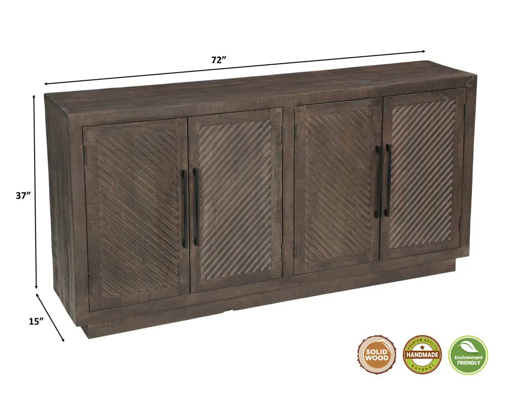 72" Dark Brown Distressed Solid Wood Carved Geometric Sideboard With Four Doors Homeroots Kitchen & Dining