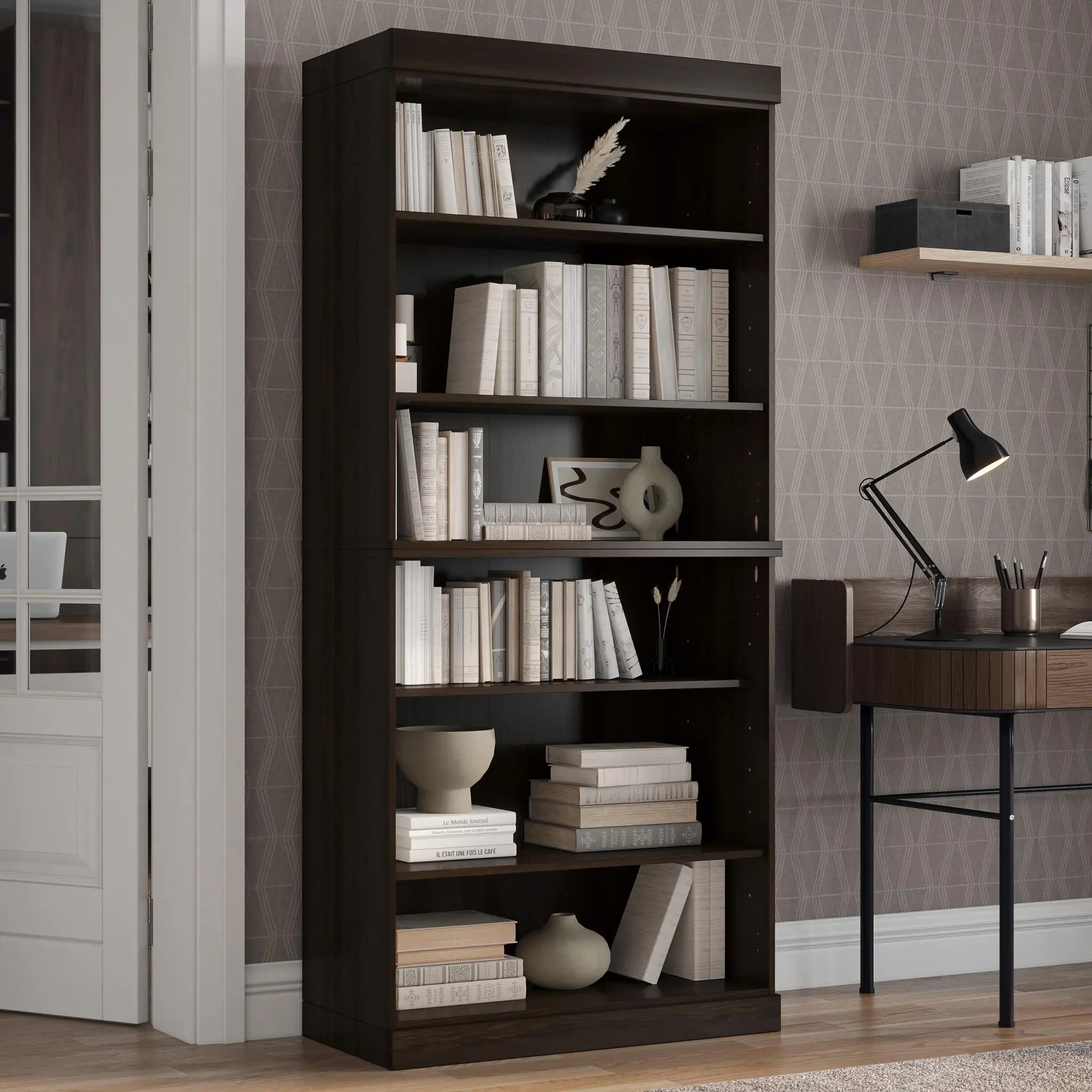 72" Espresso Solid Wood Adjustable Six Tier Library Bookcase Homeroots Office