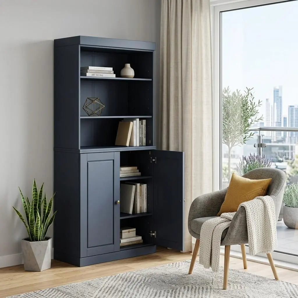 72" French Blue Solid Wood Adjustable Six Tier Library Bookcase with Two Doors Homeroots Office