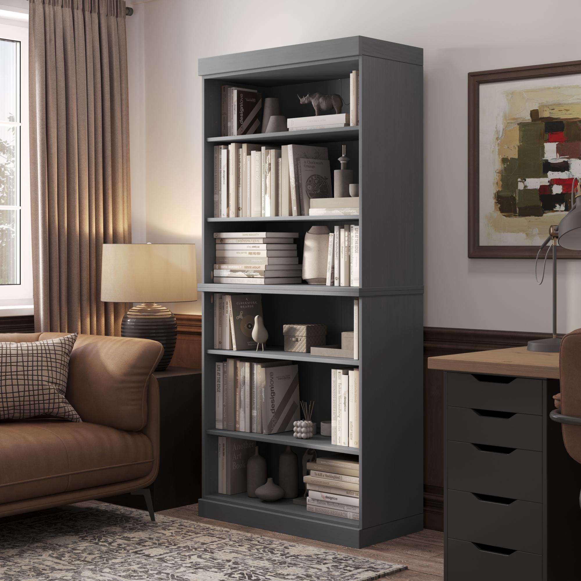 72" Gray Solid Wood Adjustable Six Tier Library Bookcase Homeroots Office
