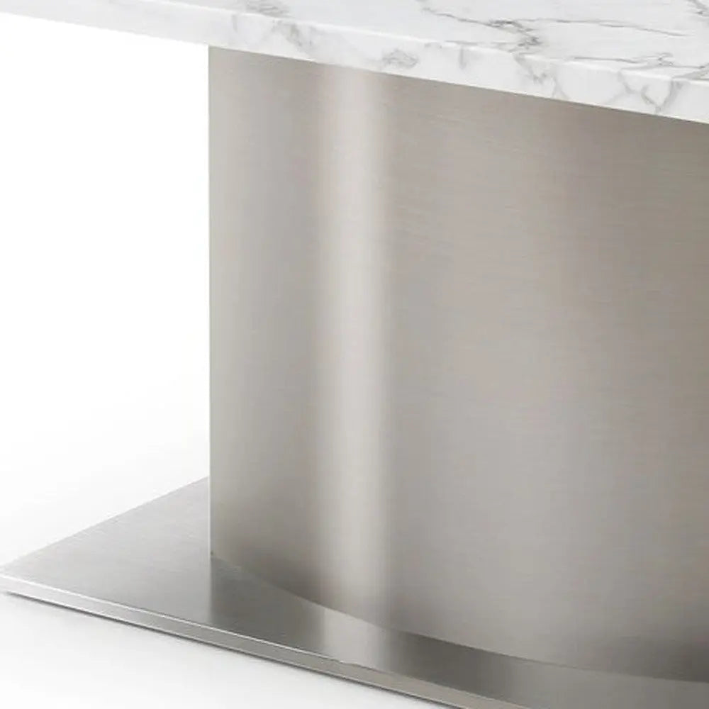 72" Gray White and Silver Marble and Stainless Steel Pedestal Base Dining Table Homeroots Kitchen & Dining