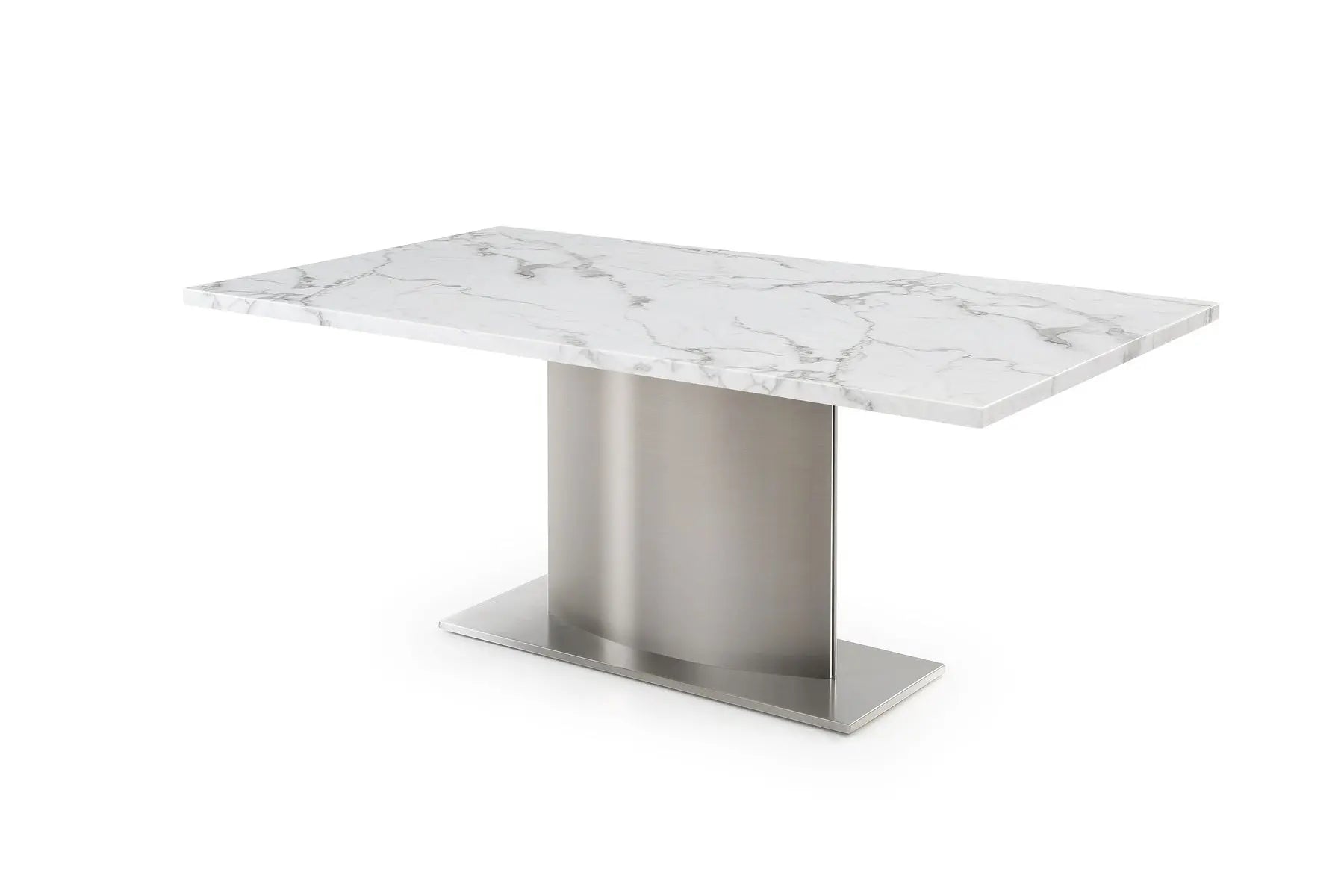 72" Gray White and Silver Marble and Stainless Steel Pedestal Base Dining Table Homeroots Kitchen & Dining