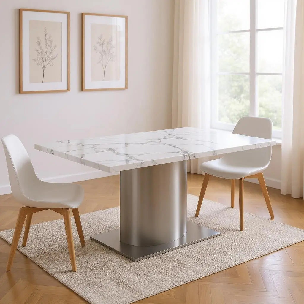 72" Gray White and Silver Marble and Stainless Steel Pedestal Base Dining Table Homeroots Kitchen & Dining