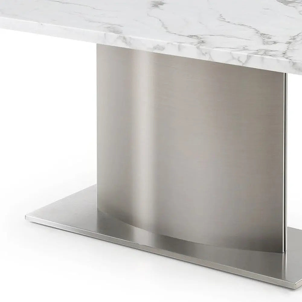 72" Gray White and Silver Marble and Stainless Steel Pedestal Base Dining Table Homeroots Kitchen & Dining