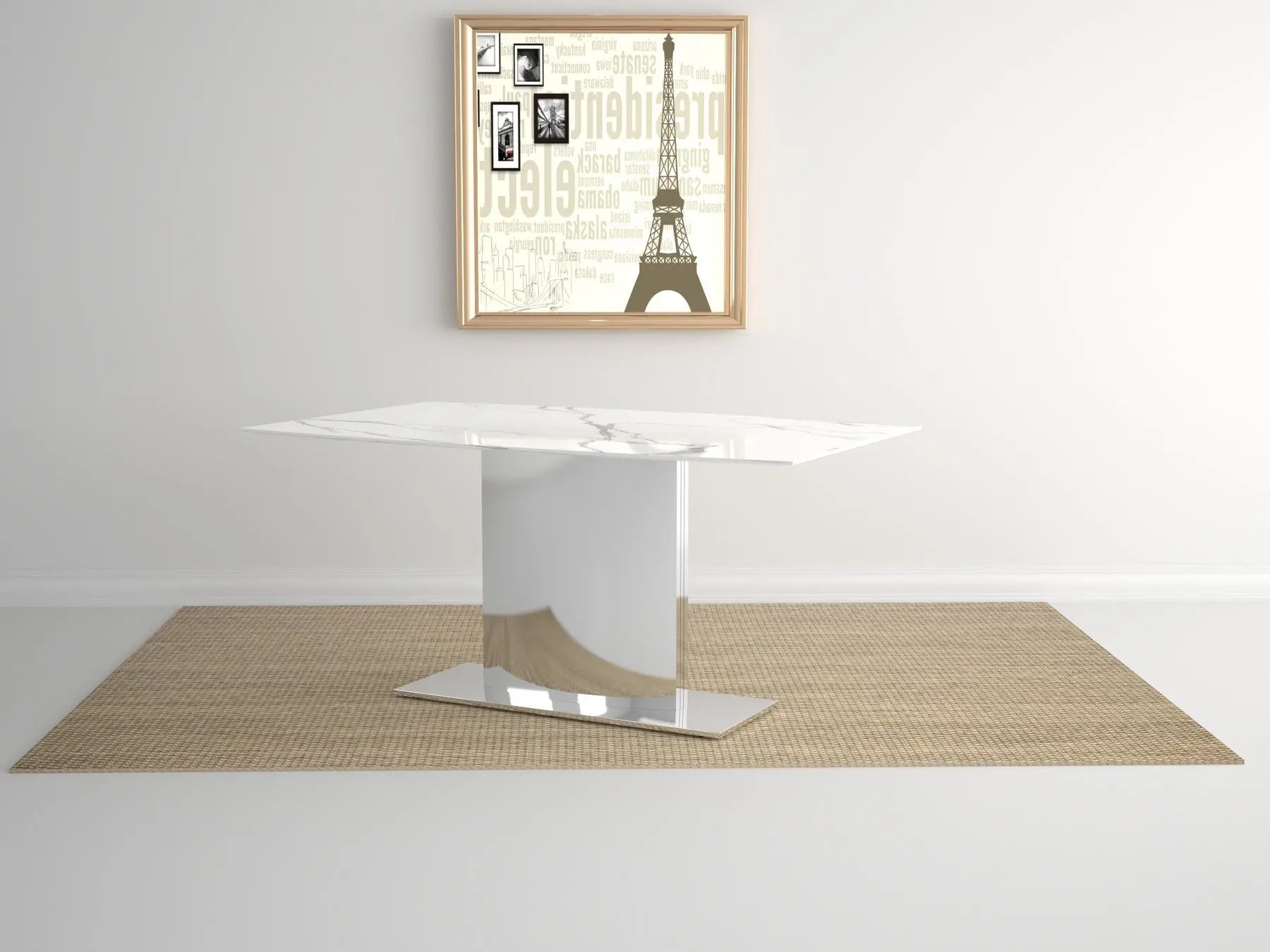 72" Gray White and Silver Marble and Stainless Steel Pedestal Base Dining Table Homeroots Kitchen & Dining