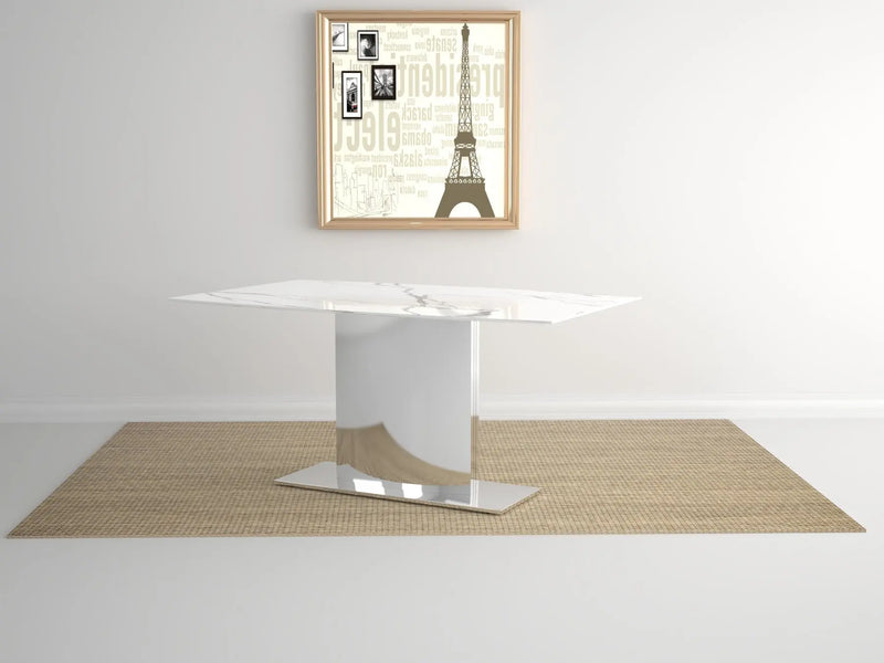 72" Gray White and Silver Marble and Stainless Steel Pedestal Base Dining Table Homeroots Kitchen & Dining