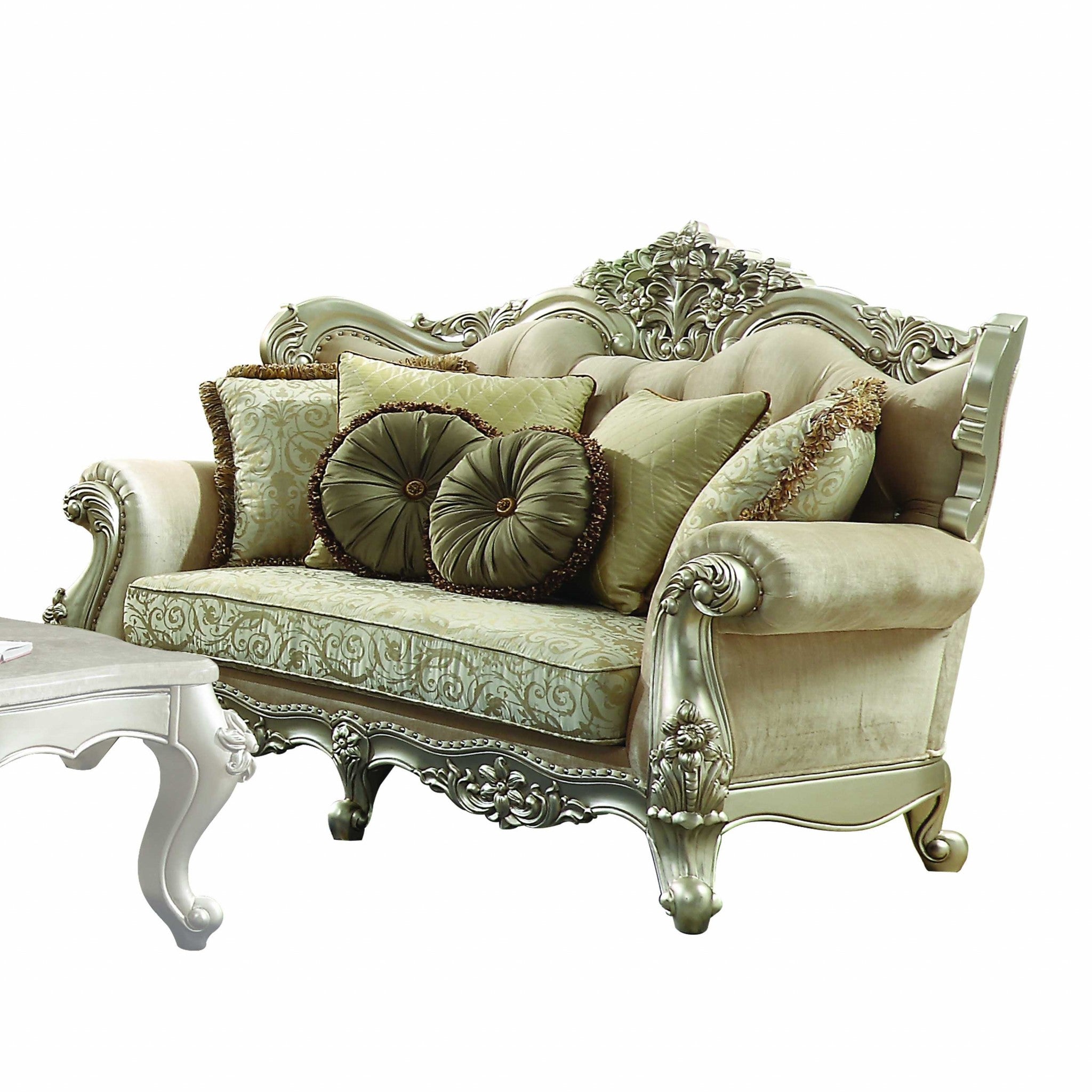 72" Green And Light Green Polyester Blend Damask Chesterfield Loveseat and Toss Pillows Homeroots Living Room