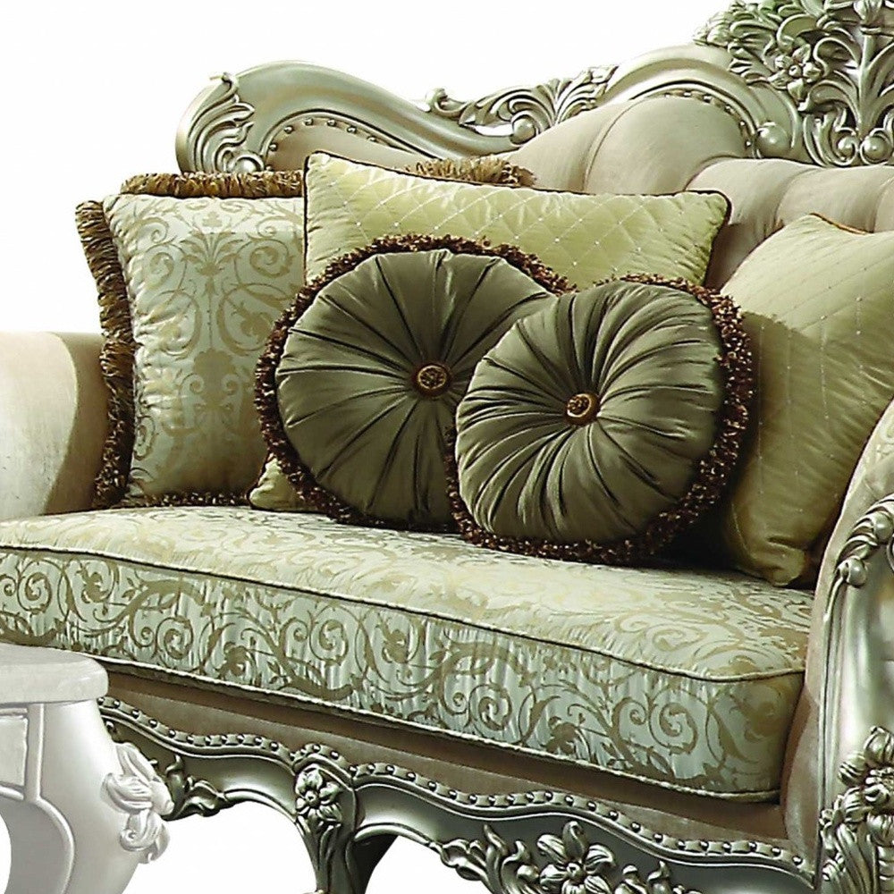 72" Green And Light Green Polyester Blend Damask Chesterfield Loveseat and Toss Pillows Homeroots Living Room