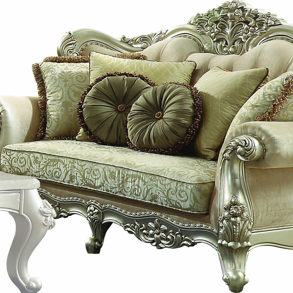 72" Green And Light Green Polyester Blend Damask Chesterfield Loveseat and Toss Pillows Homeroots Living Room