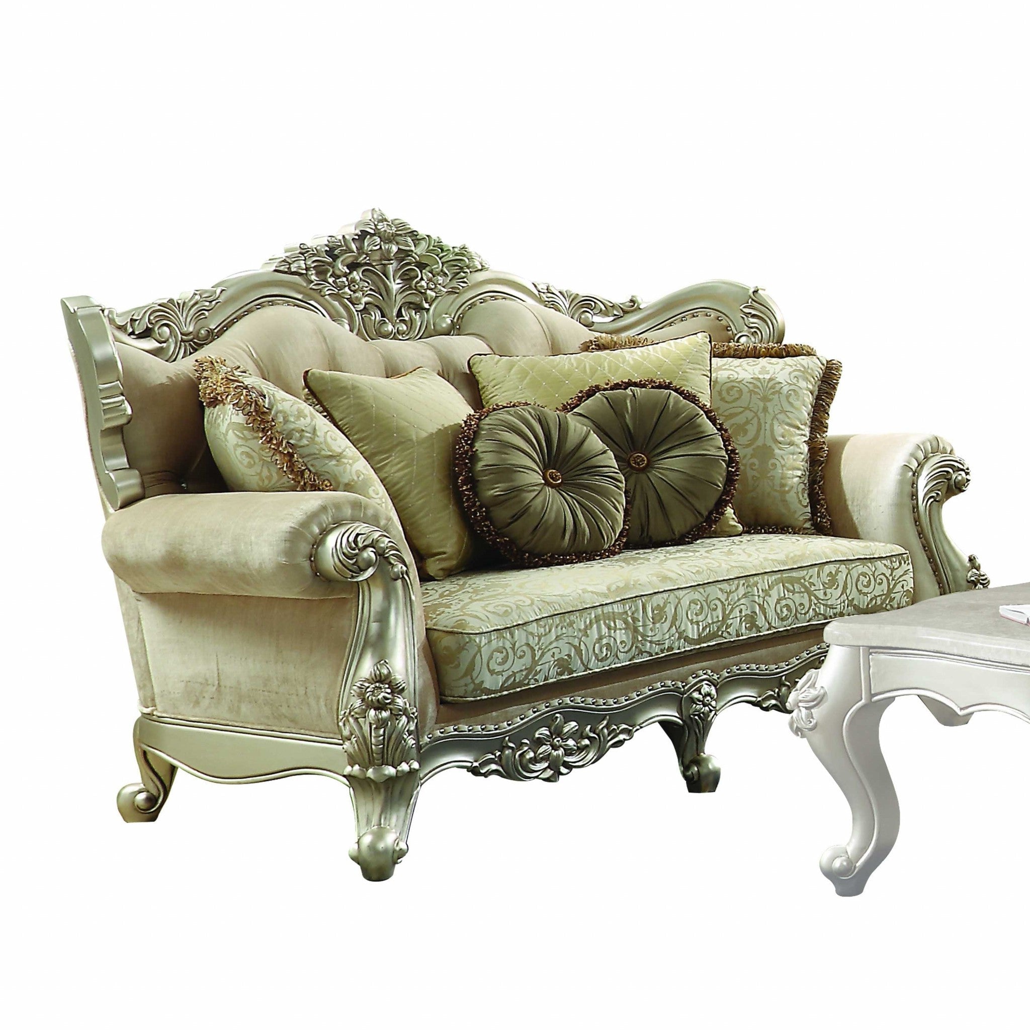 72" Green And Light Green Polyester Blend Damask Chesterfield Loveseat and Toss Pillows Homeroots Living Room