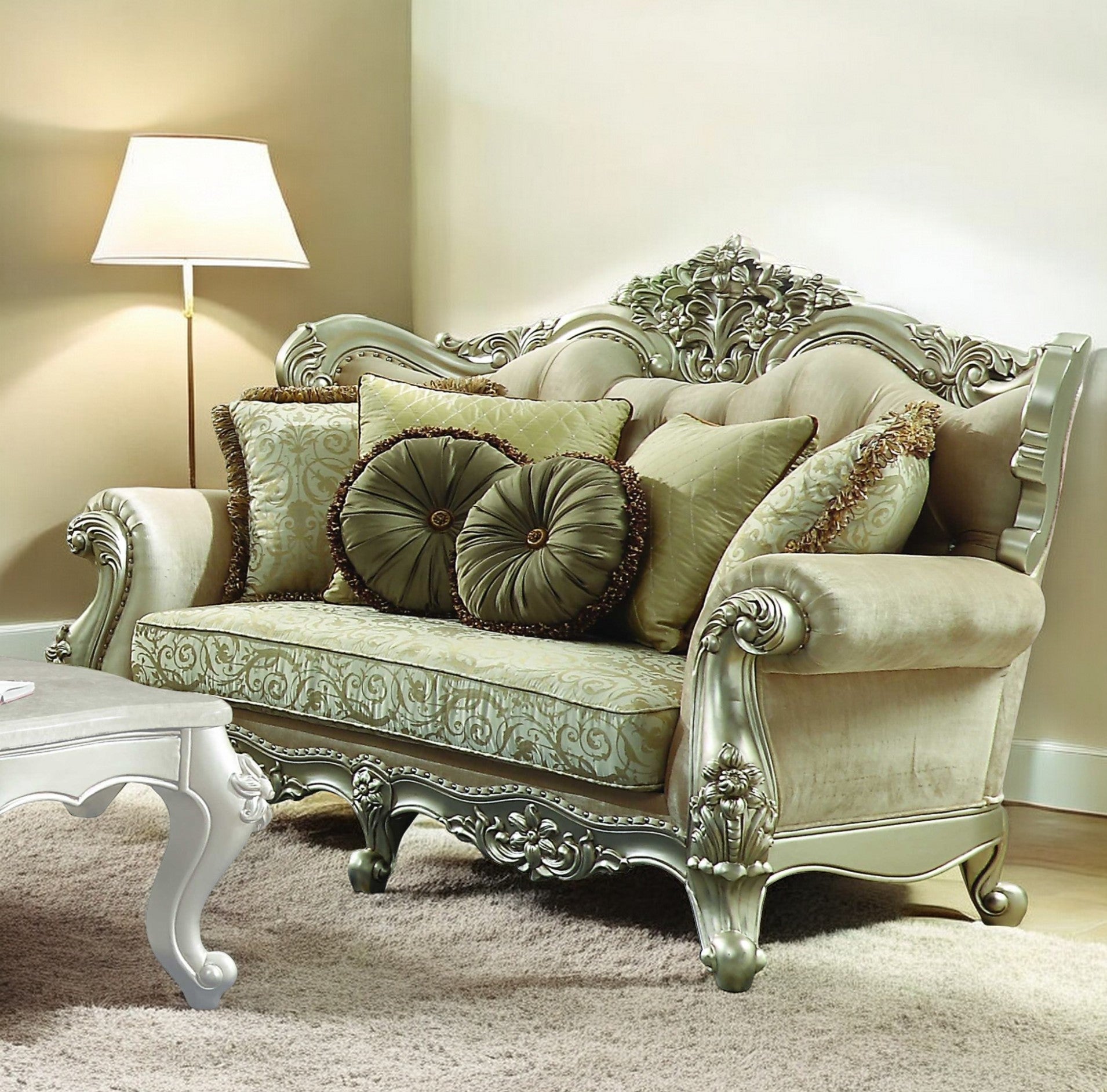 72" Green And Light Green Polyester Blend Damask Chesterfield Loveseat and Toss Pillows Homeroots Living Room