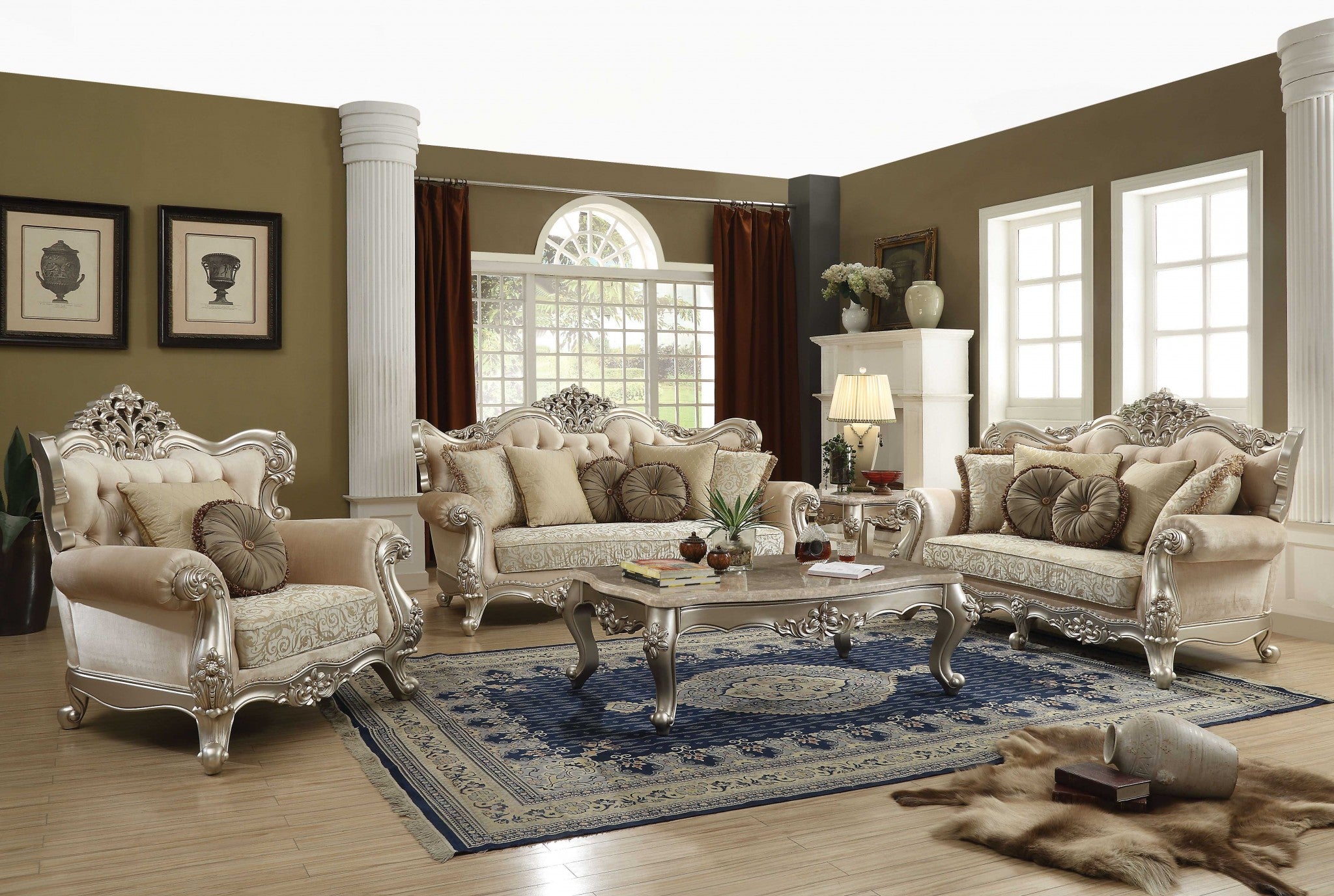 72" Green And Light Green Polyester Blend Damask Chesterfield Loveseat and Toss Pillows Homeroots Living Room