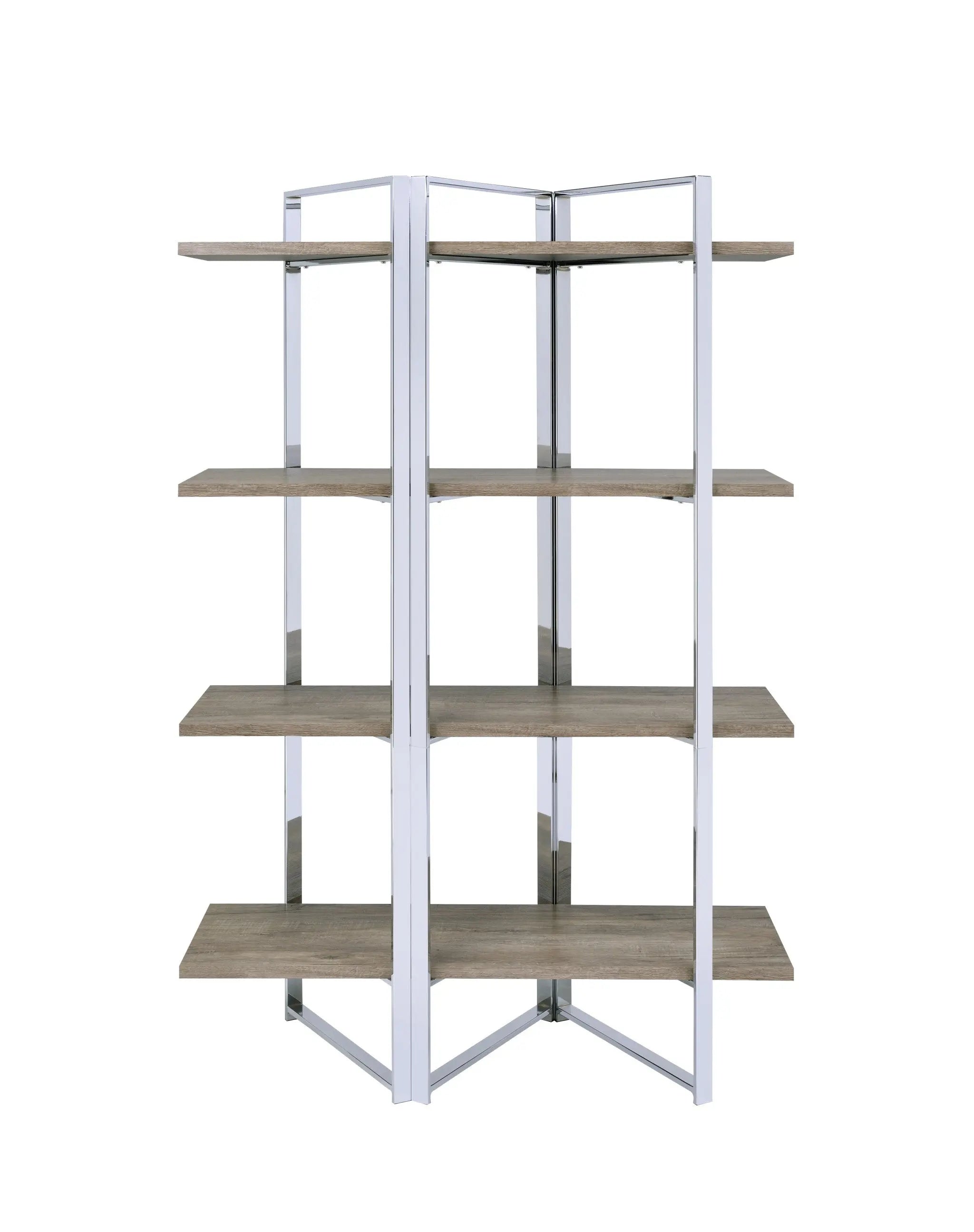 72" Natural And Silver Metal and Wood Four Tier Etagere Bookcase Homeroots Office